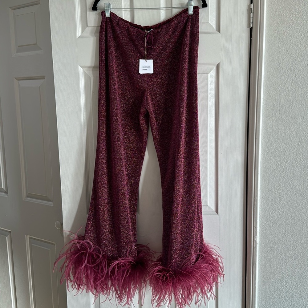 Oseree Burgundy Feather Trim Flare Pants